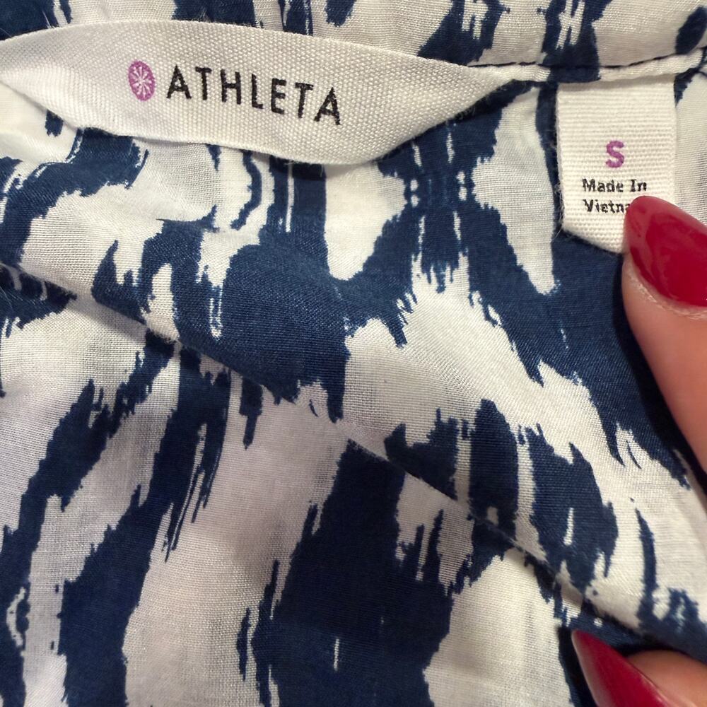 Athleta Ikat Bloom Kaftan Blue White Shirt Dress Cotton Silk Small Cover Up Chic - Picture 7 of 10